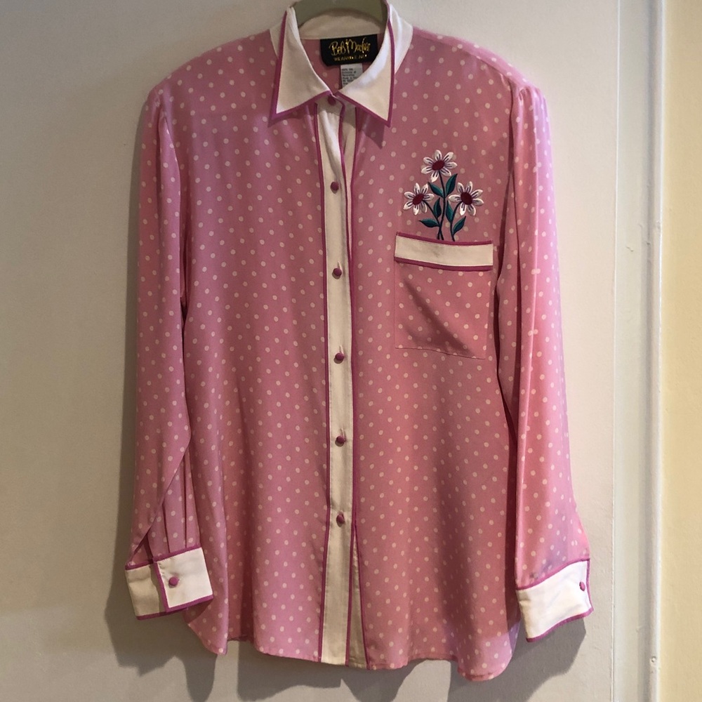 Bob Mackie Wearable Art VTG. Silk Polka Dot Blouse & Embroidery -EC Gently Used